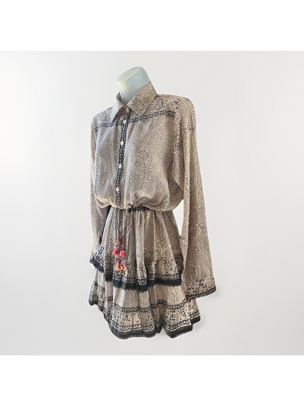 Alicia Bell Shirt Dress Medium Silk Floral Tassel Boho Brunch Coastal Beach $360